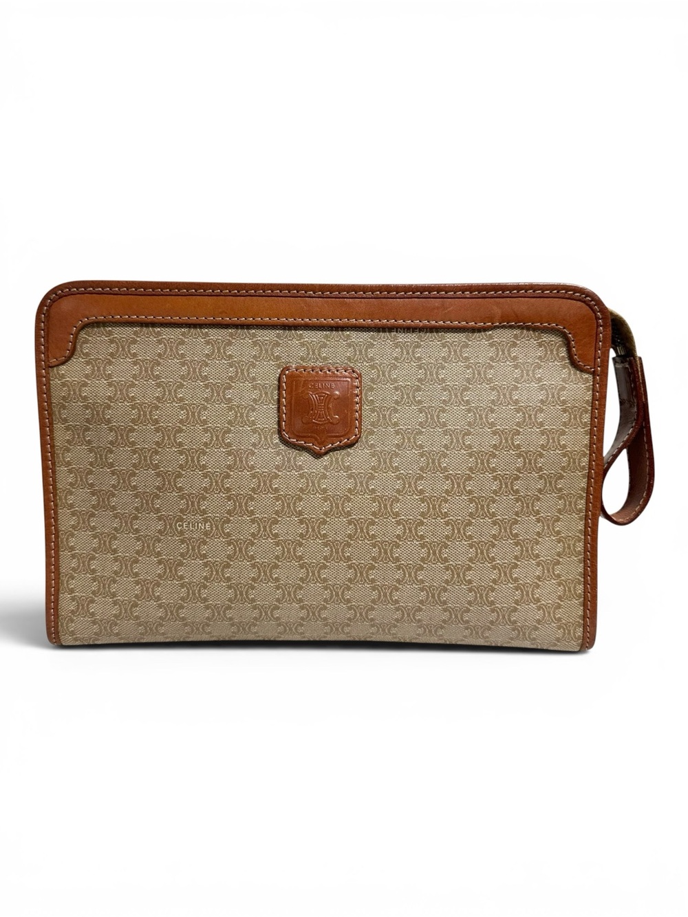 Celine Beige Macadam Canvas & Tan Vachetta Leather Wristlet Clutch Evening Bag